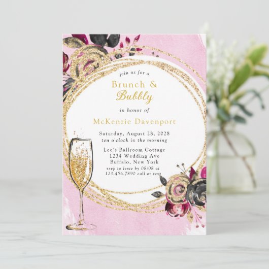 Hot Pink Black Peony Gold Brunch & Bubble Kaart (Staand voorkant)