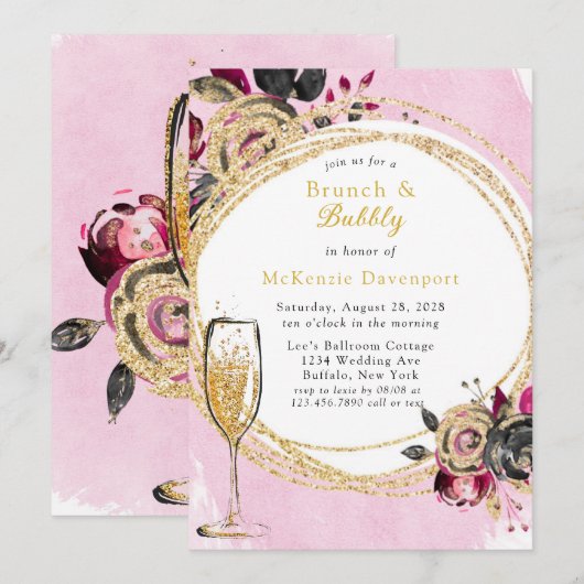 Hot Pink Black Peony Gold Brunch & Bubble Kaart (Voorkant / Achterkant)