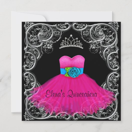 Hot Pink Black Quinceanera Uitnodigingen (Voorkant)