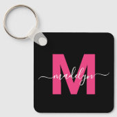 Hot Pink Black Script Naam Monogram Sleutelhanger (Voorkant)
