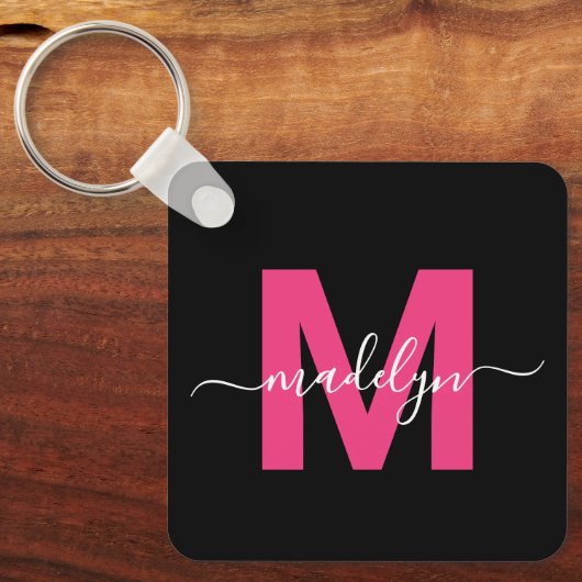Hot Pink Black Script Naam Monogram Sleutelhanger (Voorkant)