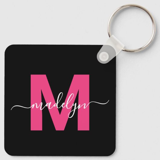 Hot Pink Black Script Naam Monogram Sleutelhanger (Achterkant)