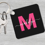 Hot Pink Black Script Naam Monogram Sleutelhanger