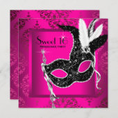 Hot Pink Black Sweet 16 Masquerade Party Kaart (Voorkant / Achterkant)