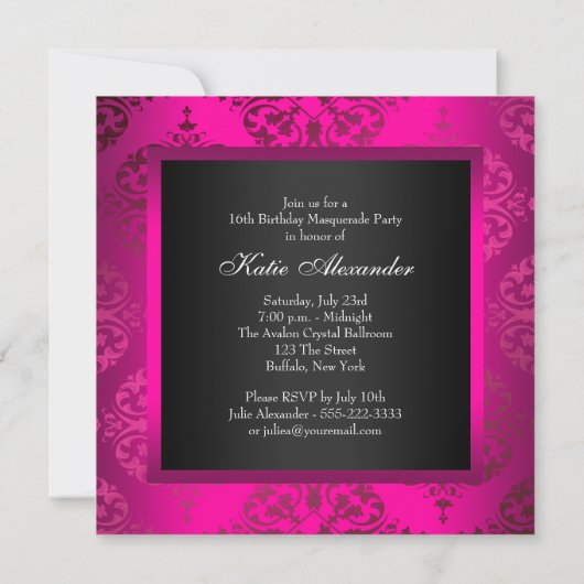 Hot Pink Black Sweet 16 Masquerade Party Kaart (Achterkant)