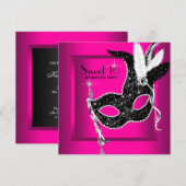 Hot Pink Black Sweet 16 Masquerade Party Kaart (Voorkant / Achterkant)