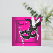 Hot Pink Black Sweet 16 Masquerade Party Kaart (Staand voorkant)