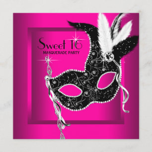 Hot Pink Black Sweet 16 Masquerade Party Kaart
