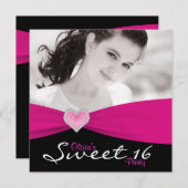 Hot Pink Black Sweet 16 Verjaardagsfeest Kaart (Voorkant / Achterkant)