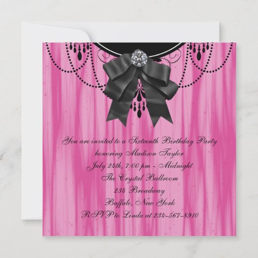 Hot Pink Black Sweet Sixteen Verjaardagsfeestje Ui Kaart (Achterkant)