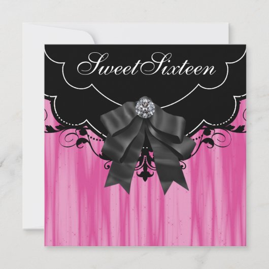 Hot Pink Black Sweet Sixteen Verjaardagsfeestje Ui Kaart (Voorkant)