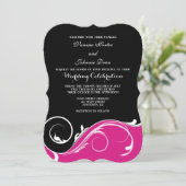 Hot Pink Black Swirl Bracket Huwelijksuitnodiginge Kaart (Staand voorkant)