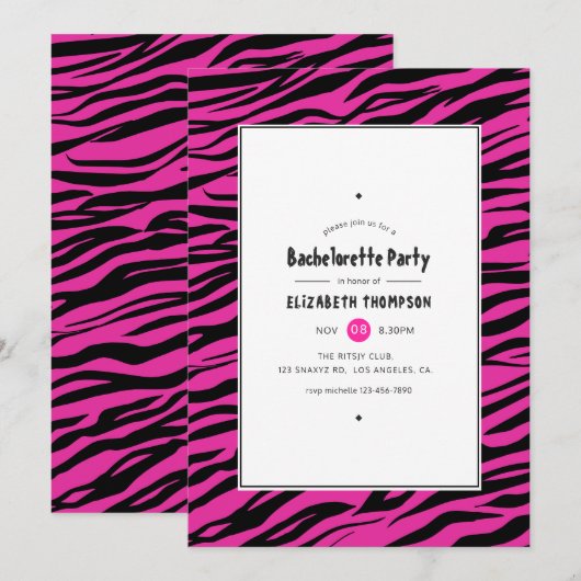 Hot-Pink & Black Tiger Stripes Bachelorette Party Kaart (Voorkant / Achterkant)