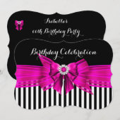 Hot Pink Black White Stripe Birthday Party Kaart (Voorkant / Achterkant)