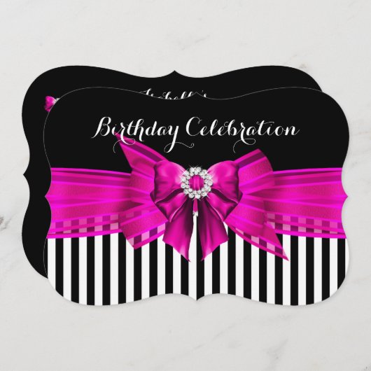 Hot Pink Black White Stripe Birthday Party Kaart (Voorkant / Achterkant)