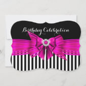 Hot Pink Black White Stripe Birthday Party Kaart (Voorkant)