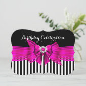 Hot Pink Black White Stripe Birthday Party Kaart (Staand voorkant)