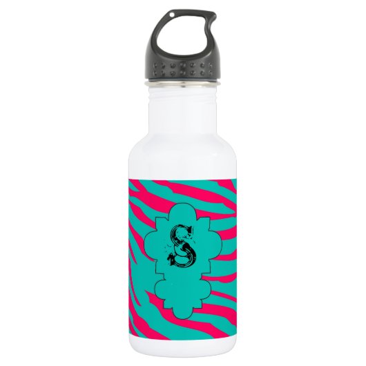 Hot Pink Blauwgroen Zebra Print 32 oz. Waterfles (Voorkant)