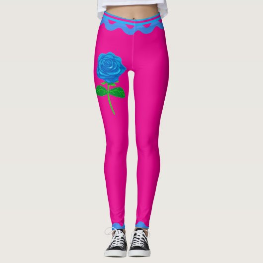 Hot Pink Bloemen Roos Modieuze Oefening Workout Leggings (Voorkant)