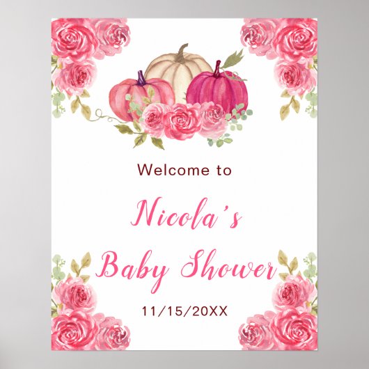 Hot PInk Bloemenpompoenen Baby shower Poster (Voorkant)