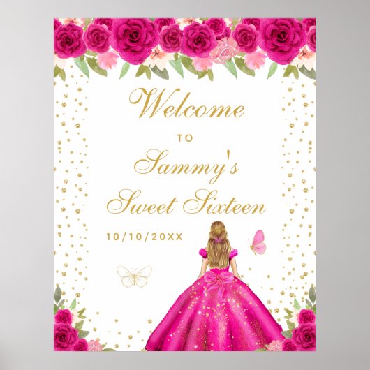 Hot Pink Blonde Hair Girl Sweet Sixteen Welkom Poster (Voorkant)