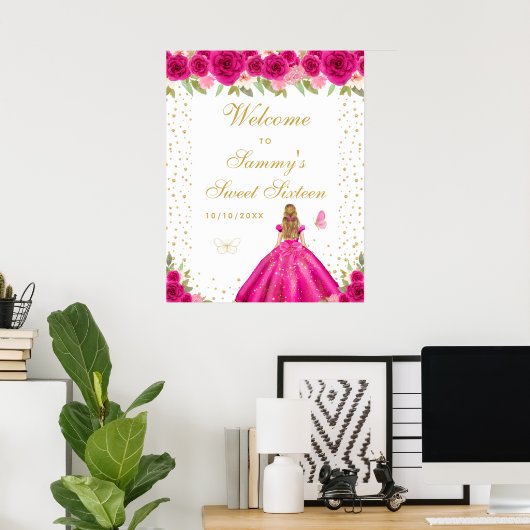 Hot Pink Blonde Hair Girl Sweet Sixteen Welkom Poster (Thuiskantoor)