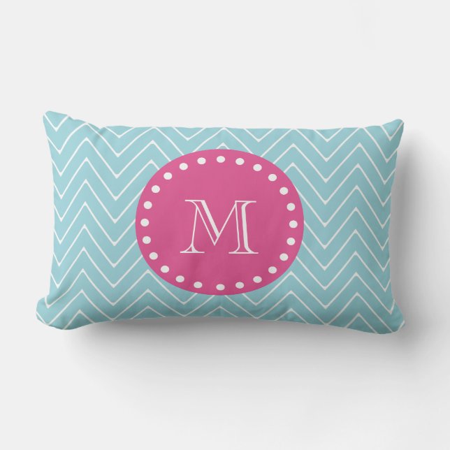 Hot Pink, Blue Chevron | Uw monogram Kussen (Voorkant)