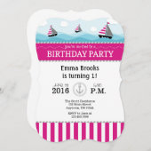 Hot Pink Blue nautische verjaardag uitnodiging (Voorkant / Achterkant)