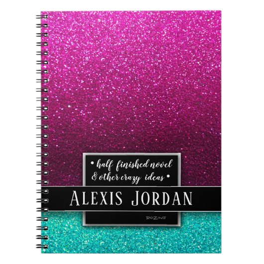 Hot Pink Blue Ombre Glitter Black Monogram Notitieboek (Voorkant)