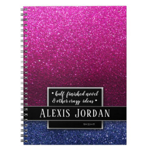 Hot Pink Blue Ombre Glitter Black White Monogram N Notitieboek