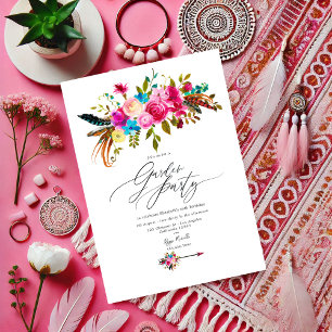 Hot-Pink Boho Chic Floral Garden Party Kaart