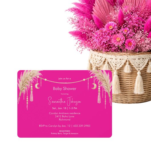 Hot Pink Boho Pampas Baby Shower Kaart