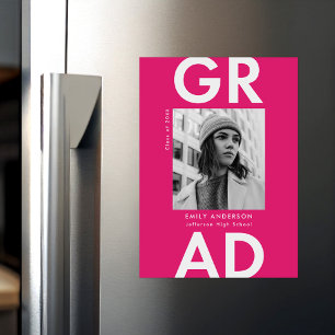 Hot pink   Bold Afstudeerder Foto Afstuderen Aanko Magnetische Uitnodiging