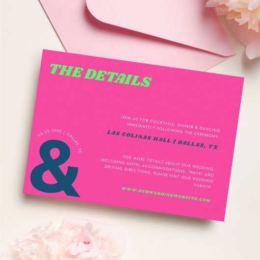 Hot Pink Bold Ampersand Speelse bruiloft Details Informatiekaartje