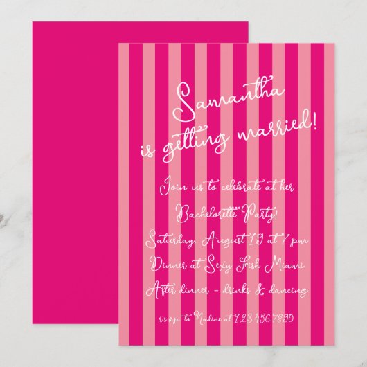 Hot Pink Bold Stripes Script Bachelorette Party Kaart (Voorkant / Achterkant)