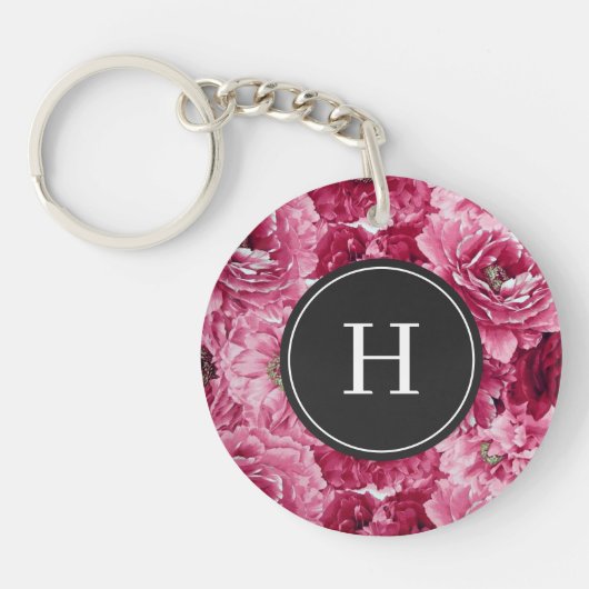 Hot Pink Botanische Pioenen Patroon Monogram Sleutelhanger (Voorkant)