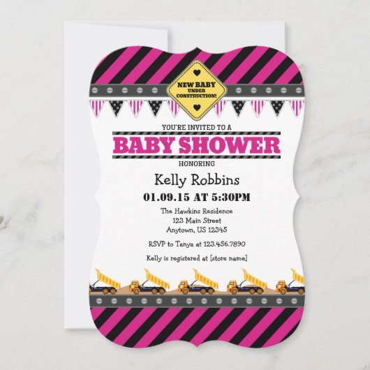 Hot Pink Bouw Baby shower Uitnodiging (Voorkant)