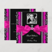 Hot Pink Bow Birthday Party Silver Foto Kaart (Voorkant / Achterkant)