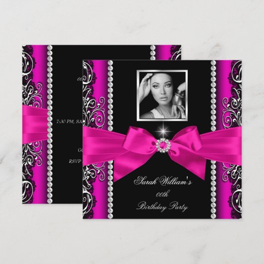 Hot Pink Bow Birthday Party Silver Foto Kaart (Voorkant / Achterkant)