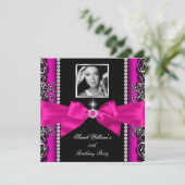 Hot Pink Bow Birthday Party Silver Foto Kaart (Staand voorkant)