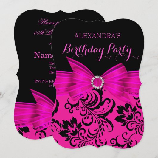 Hot Pink Bow Black Damask Birthday Party Kaart (Voorkant / Achterkant)
