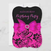 Hot Pink Bow Black Damask Birthday Party Kaart (Voorkant)