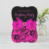 Hot Pink Bow Black Damask Birthday Party Kaart (Staand voorkant)