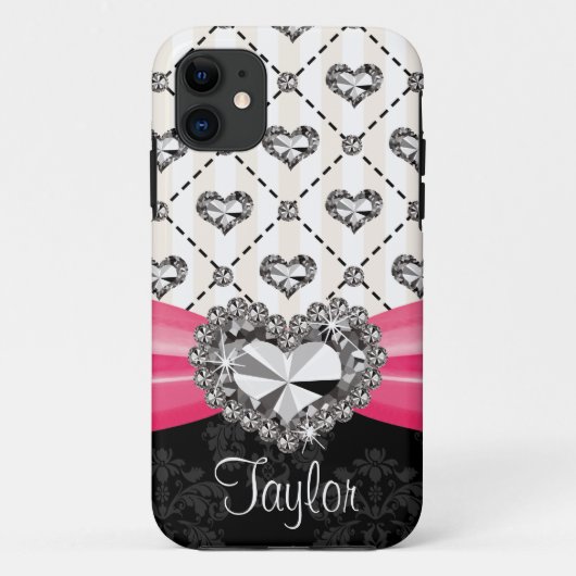 Hot Pink Bow Diamond Heart Rhinestone Case-Mate iPhone Case (Achterkant)
