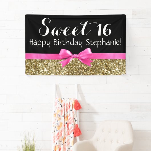 Hot Pink Bow Gold Glitter Sweet 16 Birthday Party Spandoek (Insitu)
