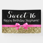 Hot Pink Bow Gold Glitter Sweet 16 Birthday Party Spandoek (Horizontaal)