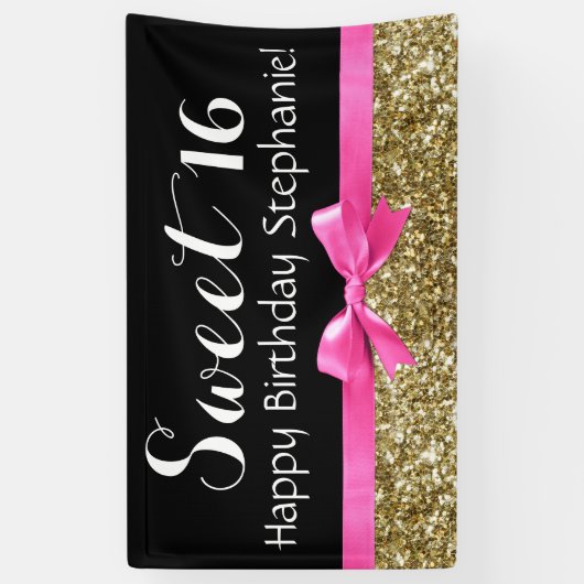 Hot Pink Bow Gold Glitter Sweet 16 Birthday Party Spandoek (Verticaal)