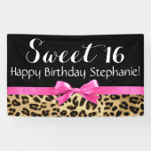 Hot Pink Bow-luipaard Afdruk Sweet 16-jarig feest Spandoek (Horizontaal)
