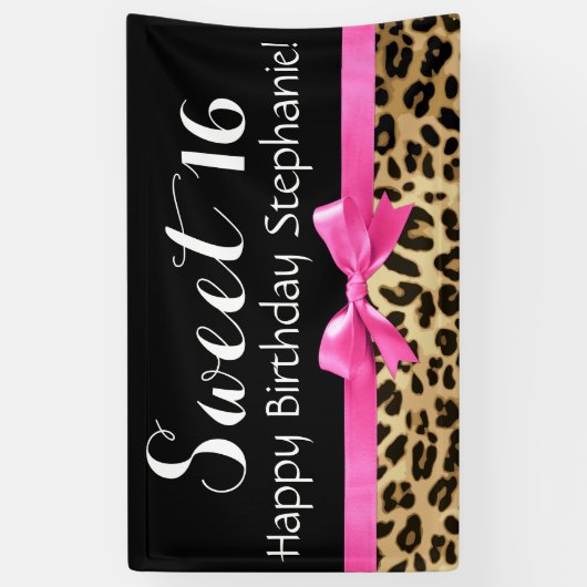 Hot Pink Bow-luipaard Afdruk Sweet 16-jarig feest Spandoek (Verticaal)