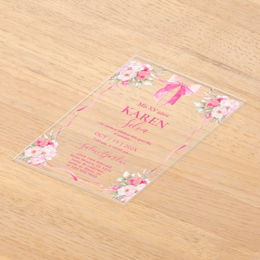Hot Pink Bow Quinceanera Acryl Uitnodiging (Laagn)